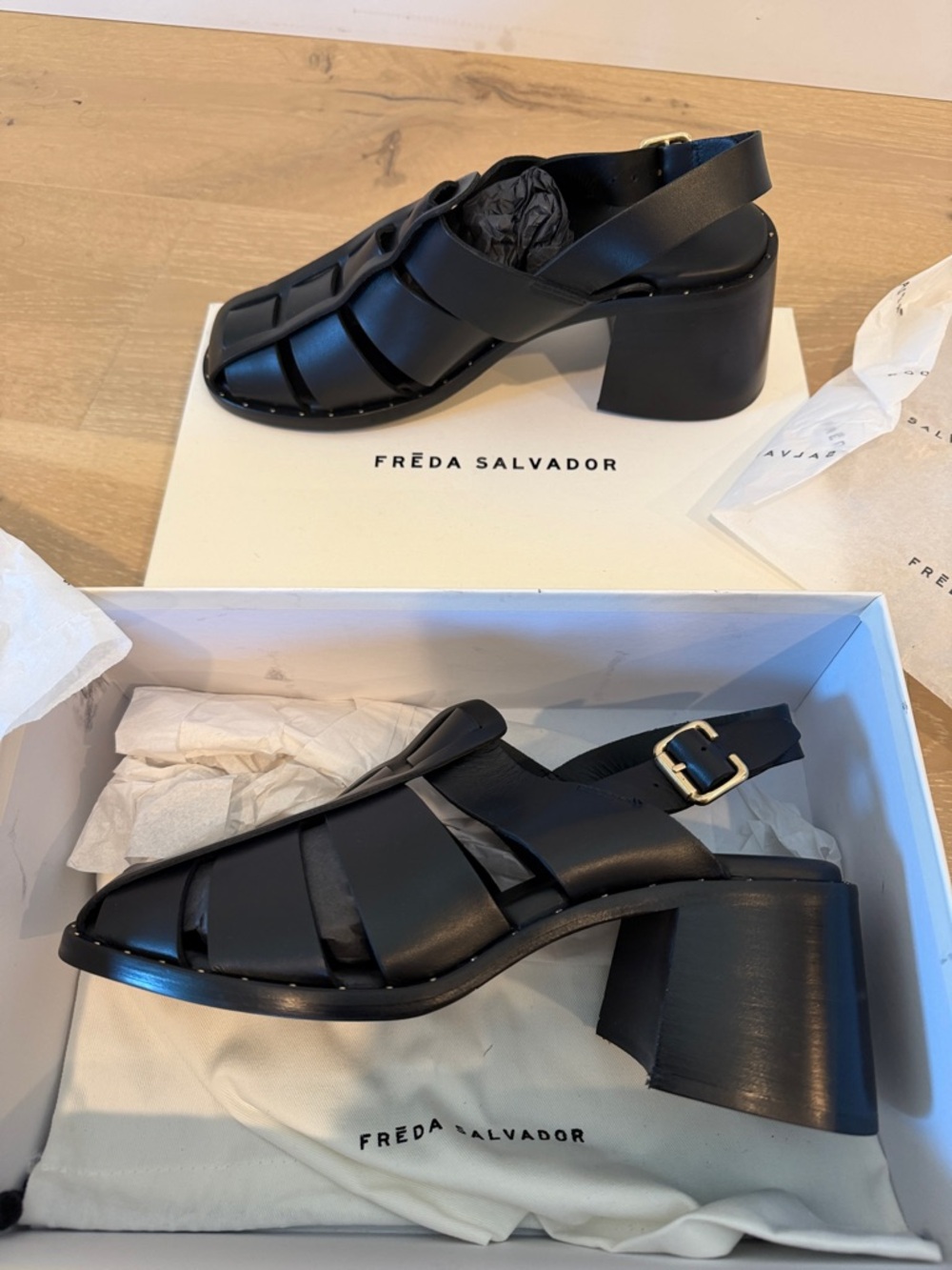 Freda Salvador Black Leather Woven Slingback Clogs